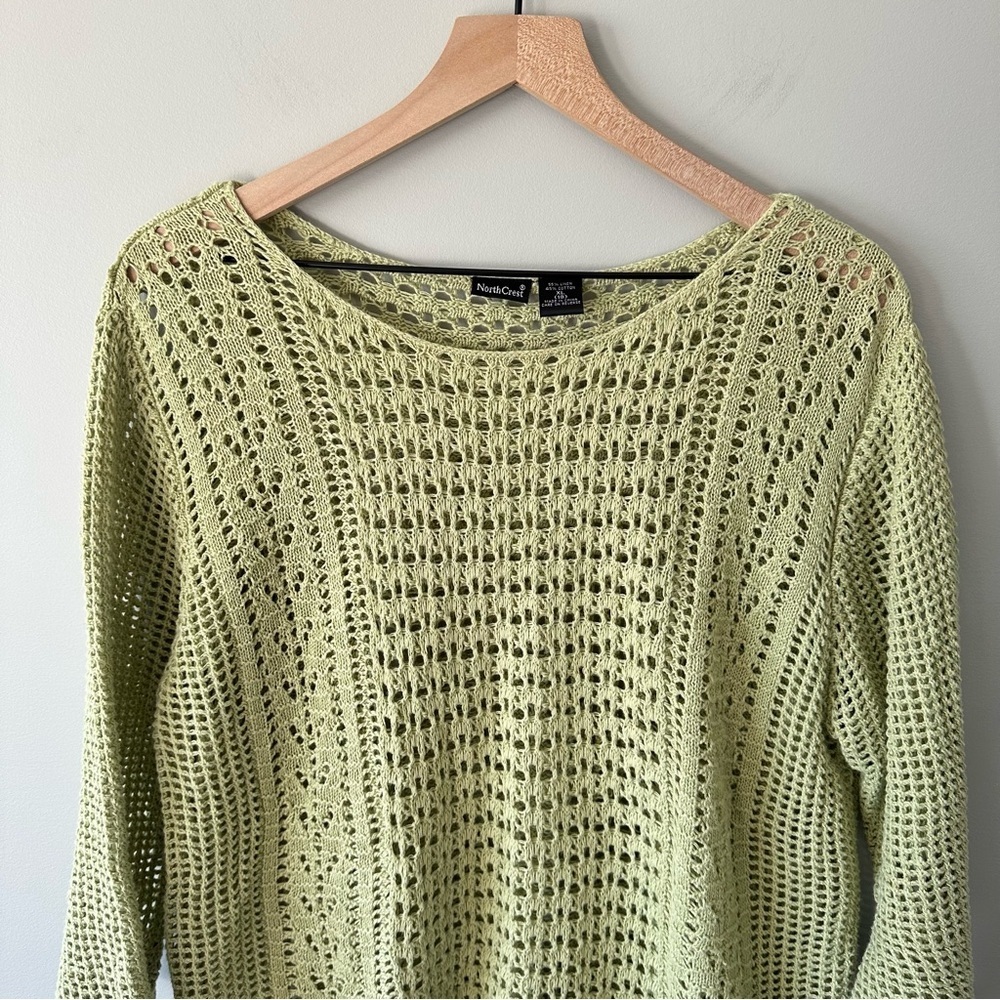 Womens Crochet Knit Sweater Size XL Green Fairy Cottage Boho Linen Cotton - Picture 2 of 11